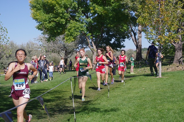 A group of children compete in a cross country running event.